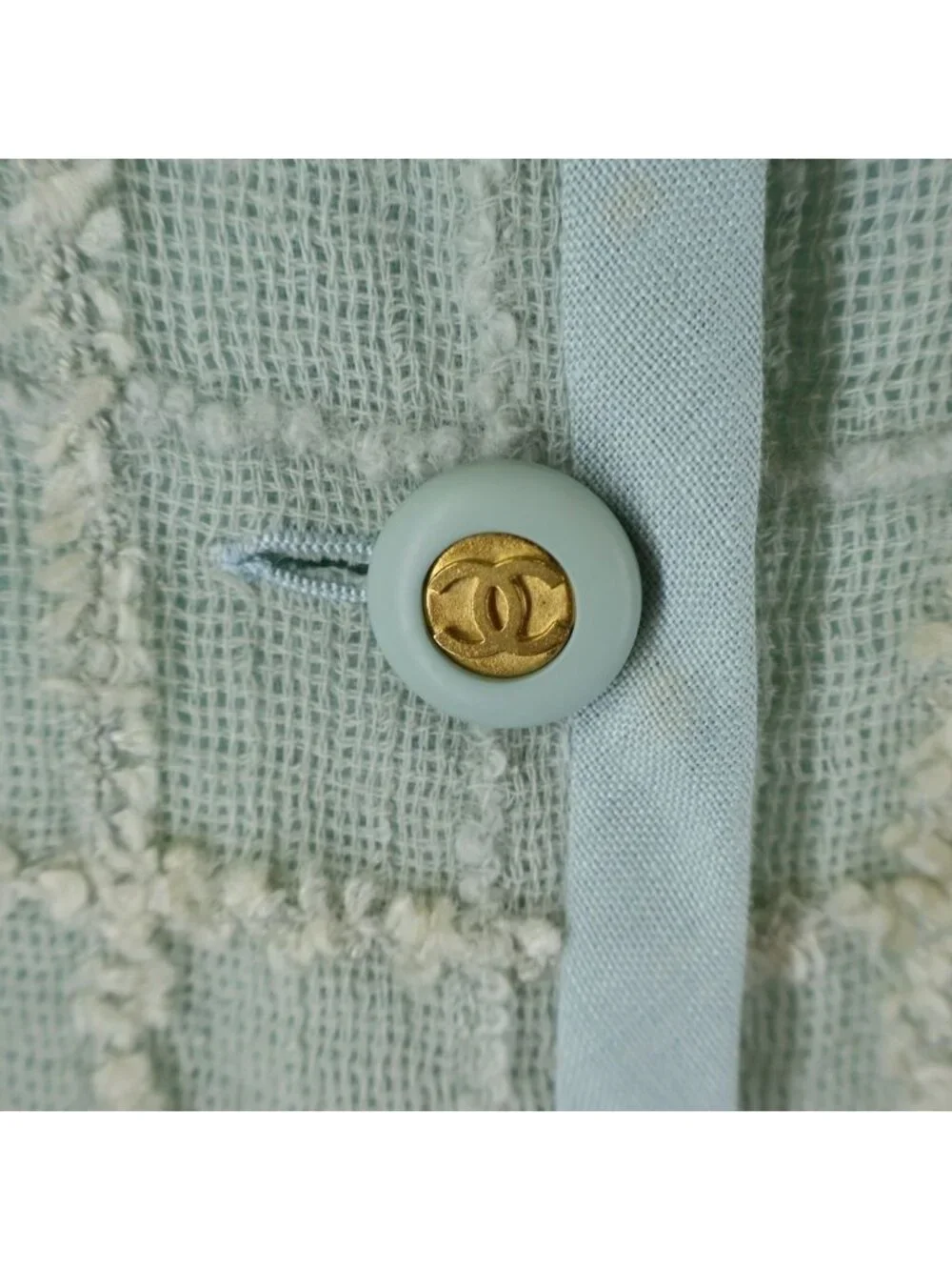 Chanel Silk Blend Linen CC Logo Jacket Dress Light Green